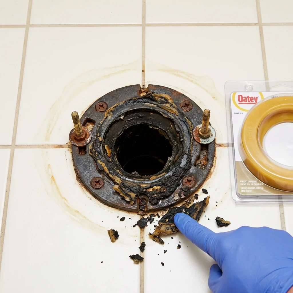 Failed wax ring showing water seepage at the base of a toilet in a Petersburg, AK home