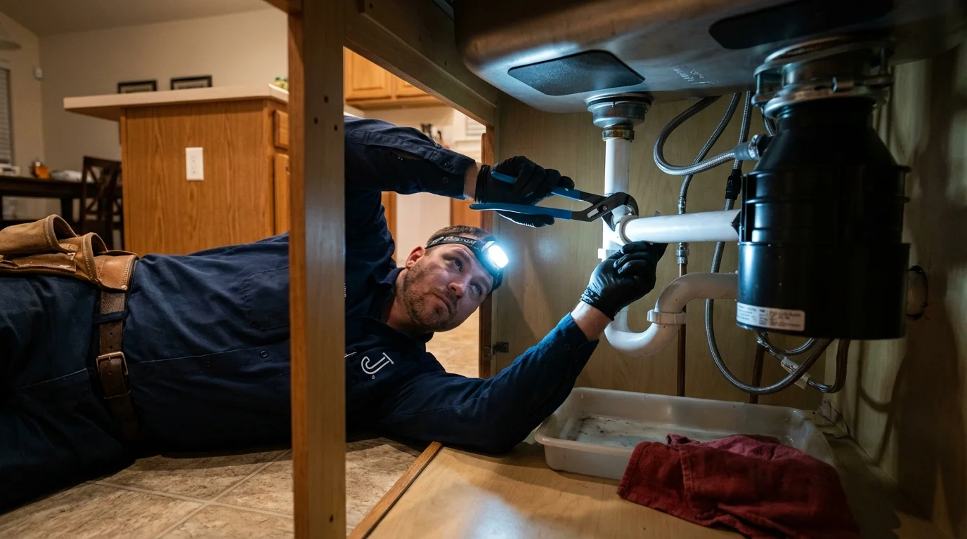 P-trap and supply line connections under a kitchen sink showing a common leak point in Petersburg, AK